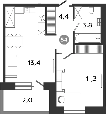 Планировка: 1-комнатная квартира 32,9 м² в ЖК «Графская слобода в Песках»