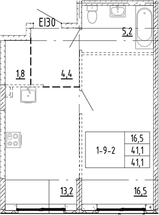 Планировка: 1-комнатная квартира 41,1 м² в ЖК «Ягодное Река Парк»