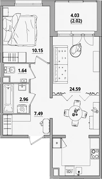 Планировка: Евродвушка 46,8 м² в ЖК «Тишин»