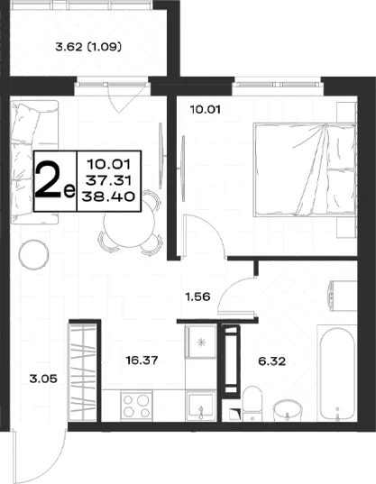 Планировка: Евродвушка 37,3 м² в ЖК «Имена»