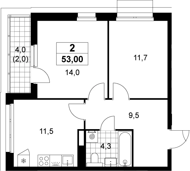 Планировка: 2-комнатная квартира 51 м² в ЖК «Деснаречье»