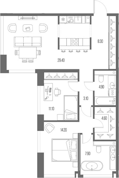 Планировка: 2-комнатная квартира 83,5 м² в ЖК «Северный Порт»