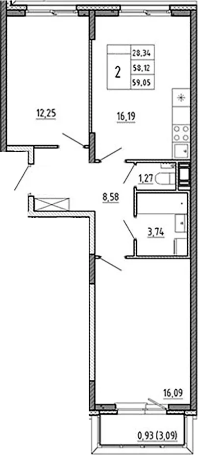 Планировка: Евротрёшка 58,1 м² в ЖК «Аннино Сити»