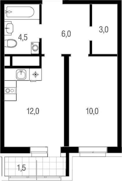 Планировка: 1-комнатная квартира 35,5 м² в ЖК «Котельники парк»