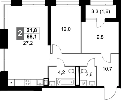 Планировка: Евротрёшка 66,5 м² в ЖК «Скай Гарден»