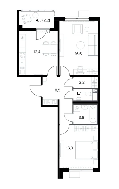 Планировка: 2-комнатная квартира 59,9 м² в ЖК «Южная Битца»