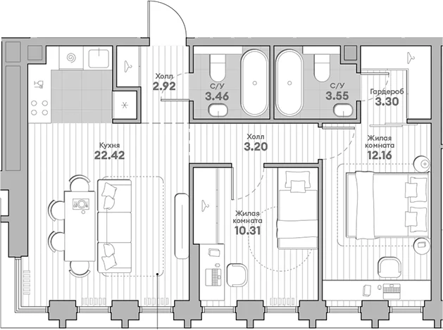 Планировка: 2-комнатная квартира 61,3 м² в ЖК «ИНДИВО»