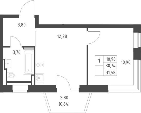 Планировка: 1-комнатная квартира 30,7 м² в ЖК «Литературный Квартал»