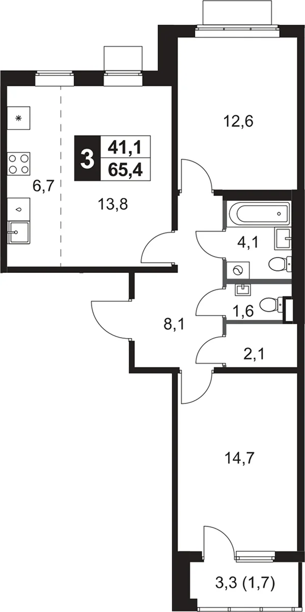 Планировка: Евротрёшка 63,7 м² в ЖК «1-й Ясеневский»