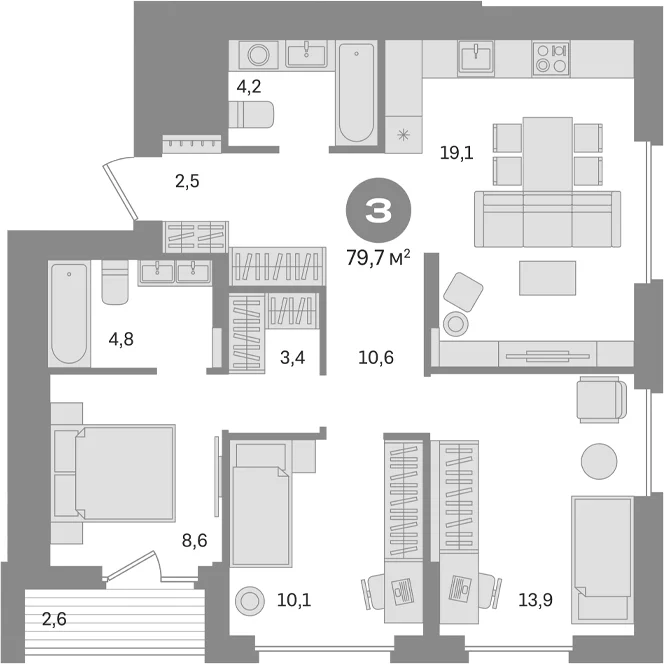 Планировка: 3-комнатная квартира 77,1 м² в ЖК «Первый квартал. Вторая очередь»