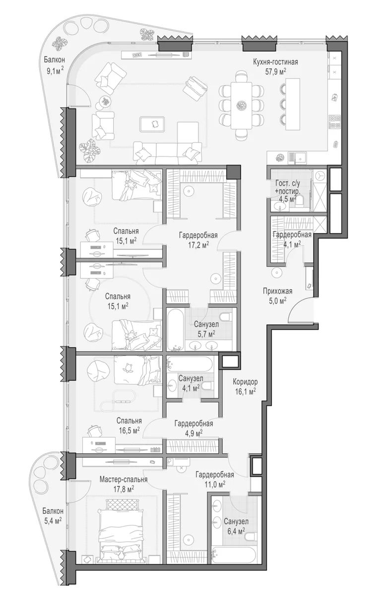 Планировка: 4-комнатная квартира 201,7 м² в ЖК «Дом Лаврушинский»