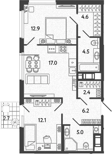 Планировка: Евротрёшка 64,7 м² в ЖК «Гений»