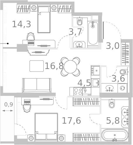 Планировка: Евротрёшка 71,6 м² в ЖК «Ривер Парк Кутузовский»