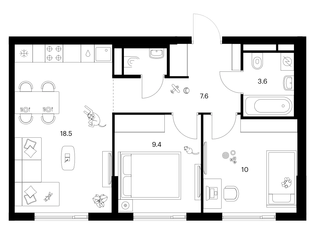 Планировка: 2-комнатная квартира 50,4 м² в ЖК «Мичуринский парк»