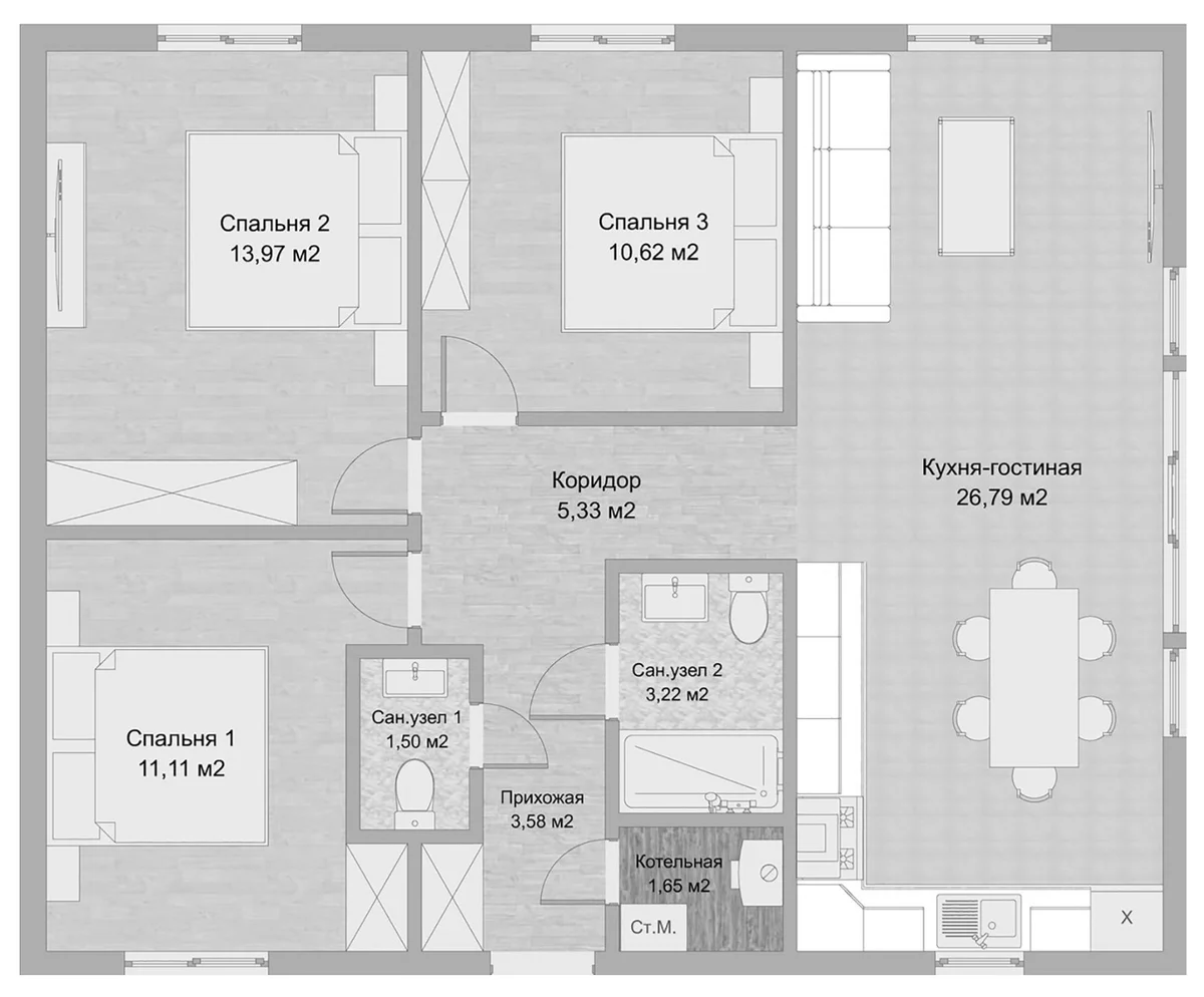 Планировка: Коттедж 80 м² в ЖК «Коттеджный поселок Невелички»