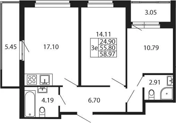 Планировка: Евротрёшка 55,8 м² в ЖК «Полис Новоселье»