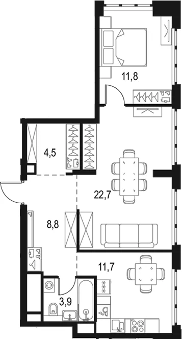 Планировка: 2-комнатная квартира 63,4 м² в ЖК «Левел Южнопортовая»