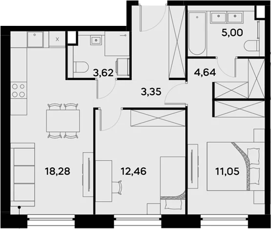 Планировка: Евротрёшка 63,6 м² в ЖК «УЛЬТИМА Сити»