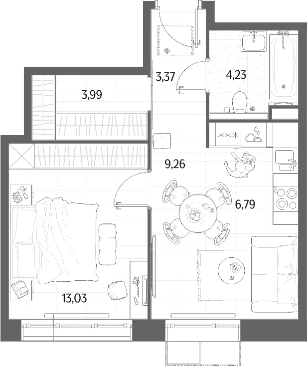 Планировка: Евродвушка 40,7 м² в ЖК «МЫС»