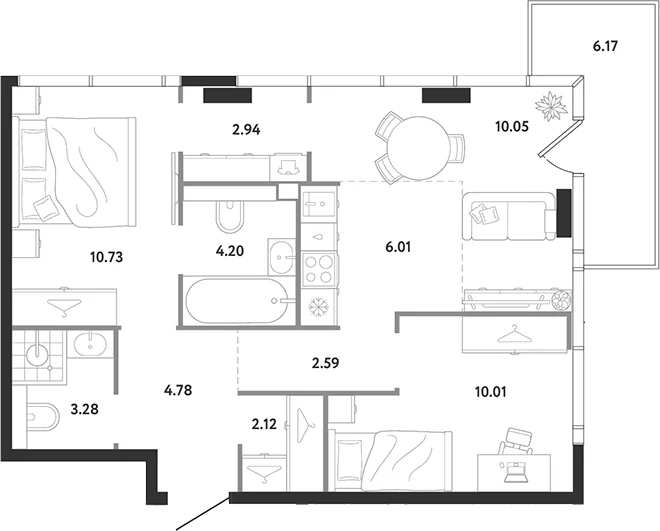 Планировка: 2-комнатная квартира 56,7 м² в ЖК «Ридж»
