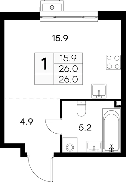 Планировка: Студия 26 м² в ЖК «Куркино 15»