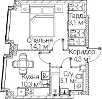 Планировка: 1-комнатная квартира 36,9 м² в ЖК «СЕЗАР БУДУЩЕЕ»