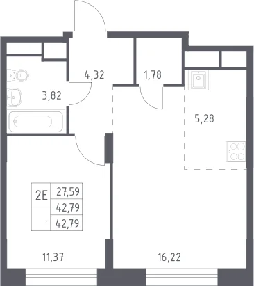 Планировка: Евродвушка 42,8 м² в ЖК «Новоград Павлино»