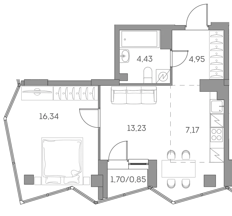 Планировка: Евродвушка 46,1 м² в ЖК «Аквилон БИСАЙД 2.0»