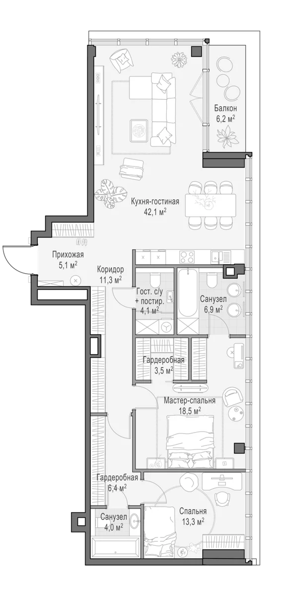Планировка: Евротрёшка 118,1 м² в ЖК «Клубный квартал Фрунзенский»