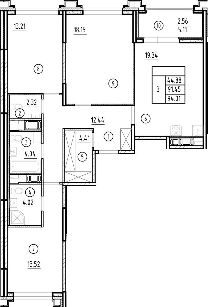 Планировка: Квартира евро-4 91,5 м² в ЖК «Ассамблея»