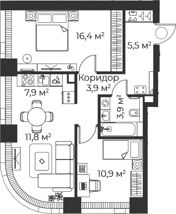 Планировка: Евротрёшка 60,3 м² в ЖК «Веер»