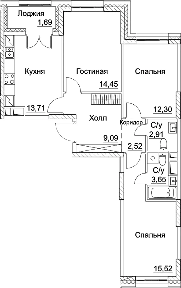 Планировка: 3-комнатная квартира 74,2 м² в ЖК «СЕЗАР СИТИ»