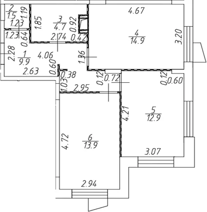Планировка: Евротрёшка 57,8 м² в ЖК «ВЕРЕН НОРТ Cертолово»