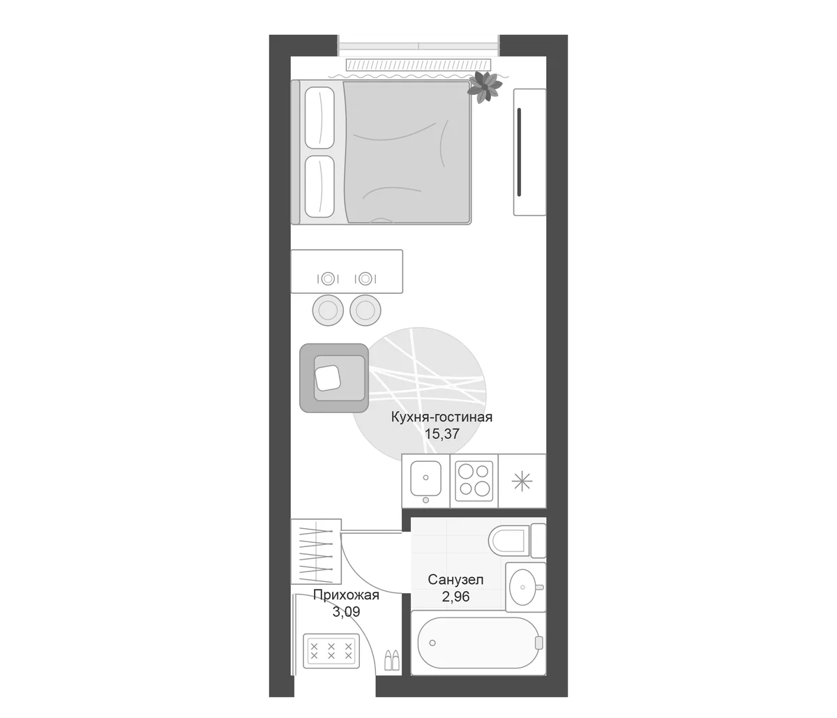 Планировка: Студия 21,4 м² в ЖК «Апарт-комплекс Первый Зеленый»