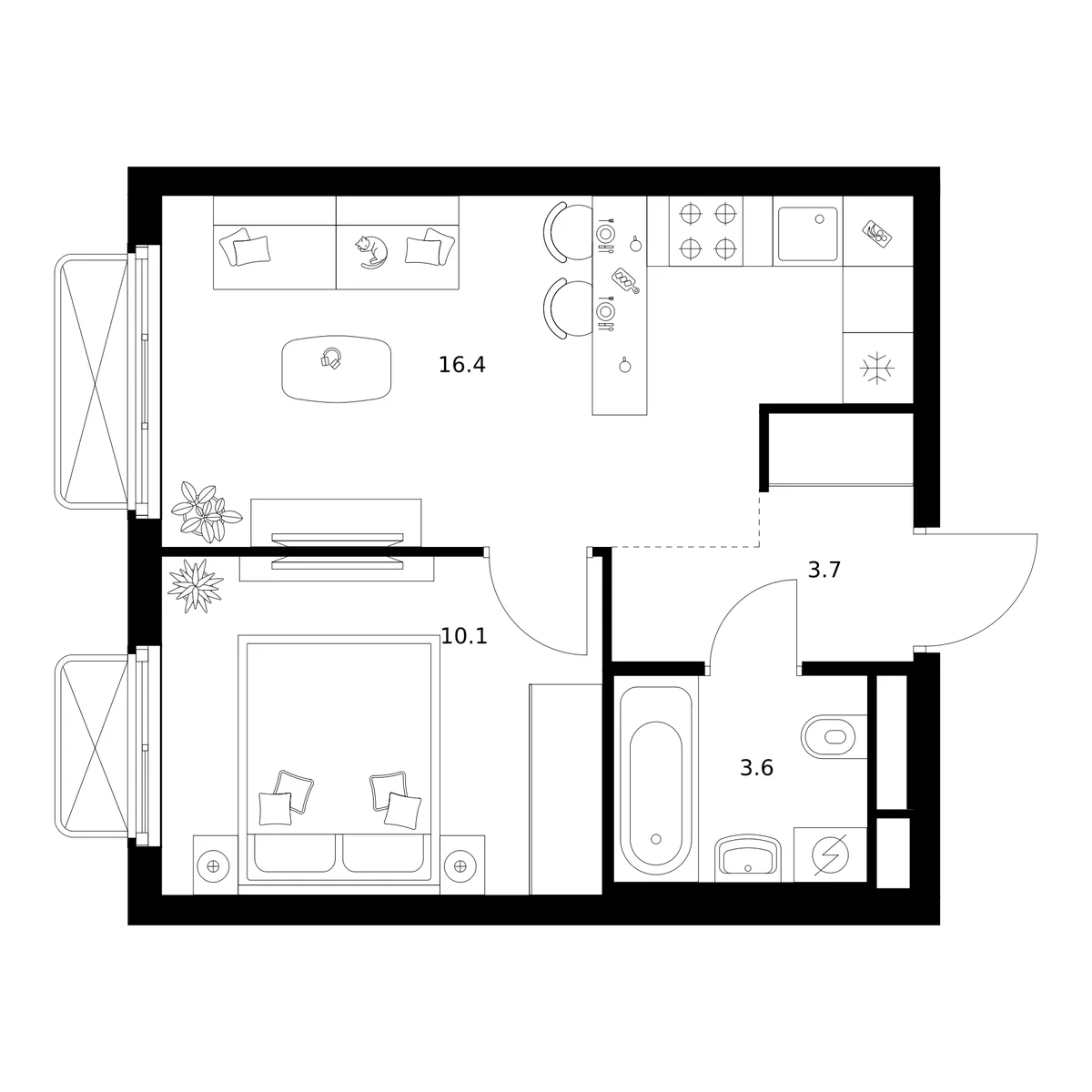 Планировка: 1-комнатная квартира 33,8 м² в ЖК «2-й Иртышский»