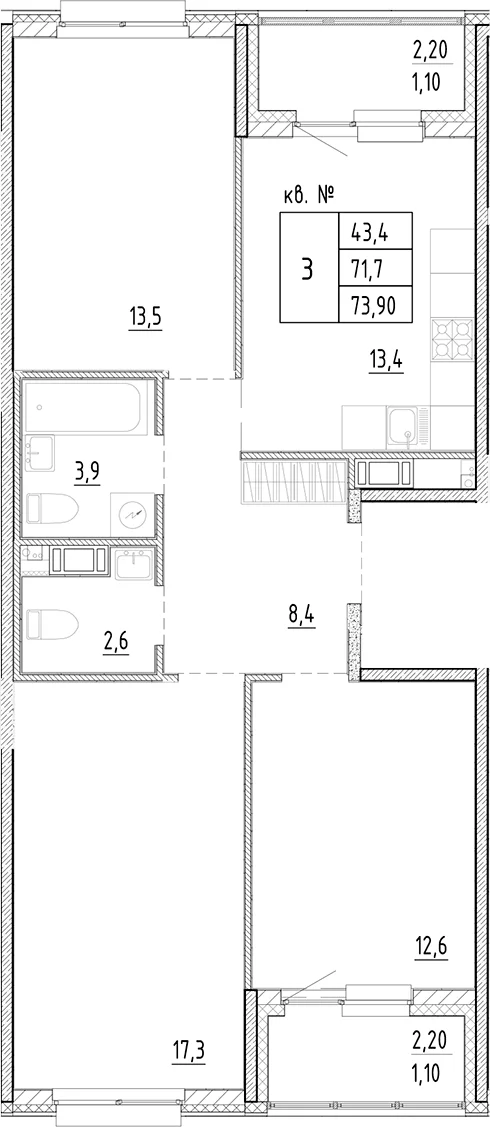 Планировка: 3-комнатная квартира 71,7 м² в ЖК «Плюс Пулковский»