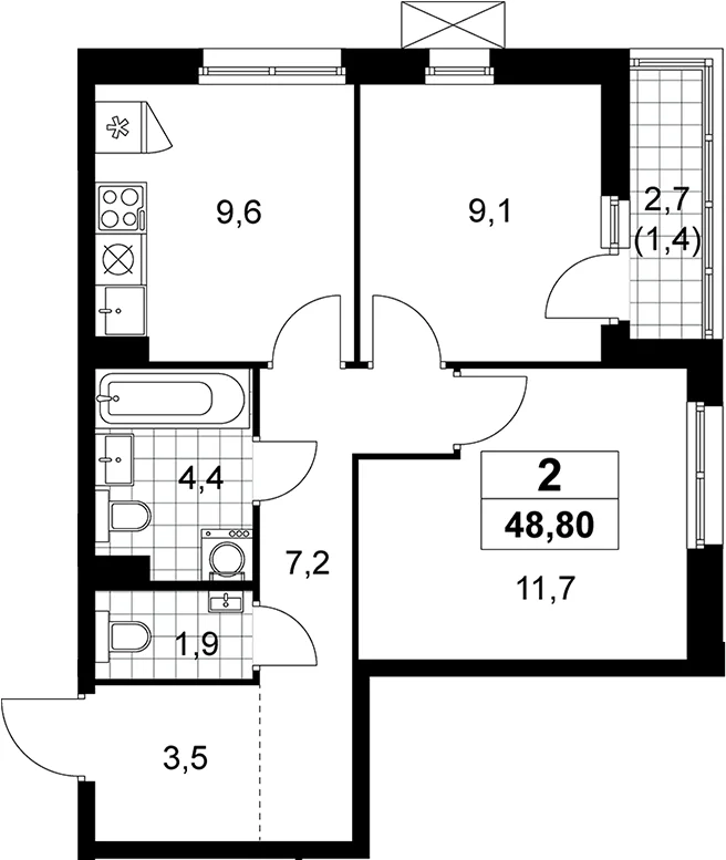 Планировка: 2-комнатная квартира 47,4 м² в ЖК «Прокшино»
