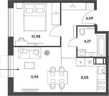 Планировка: Евродвушка 41,9 м² в ЖК «Публицист»