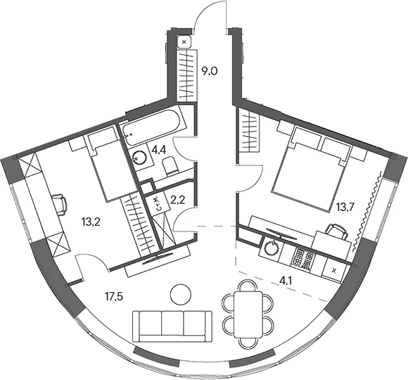 Планировка: Евротрёшка 64,1 м² в ЖК «Родина Переделкино»