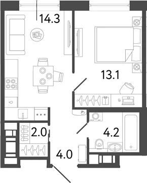 Планировка: 1-комнатная квартира 37,6 м² в ЖК «Передвижники 2»