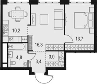Планировка: 2-комнатная квартира 51,4 м² в ЖК «Левел Южнопортовая»