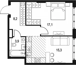 Планировка: 1-комнатная квартира 44,5 м² в ЖК «Левел Южнопортовая»