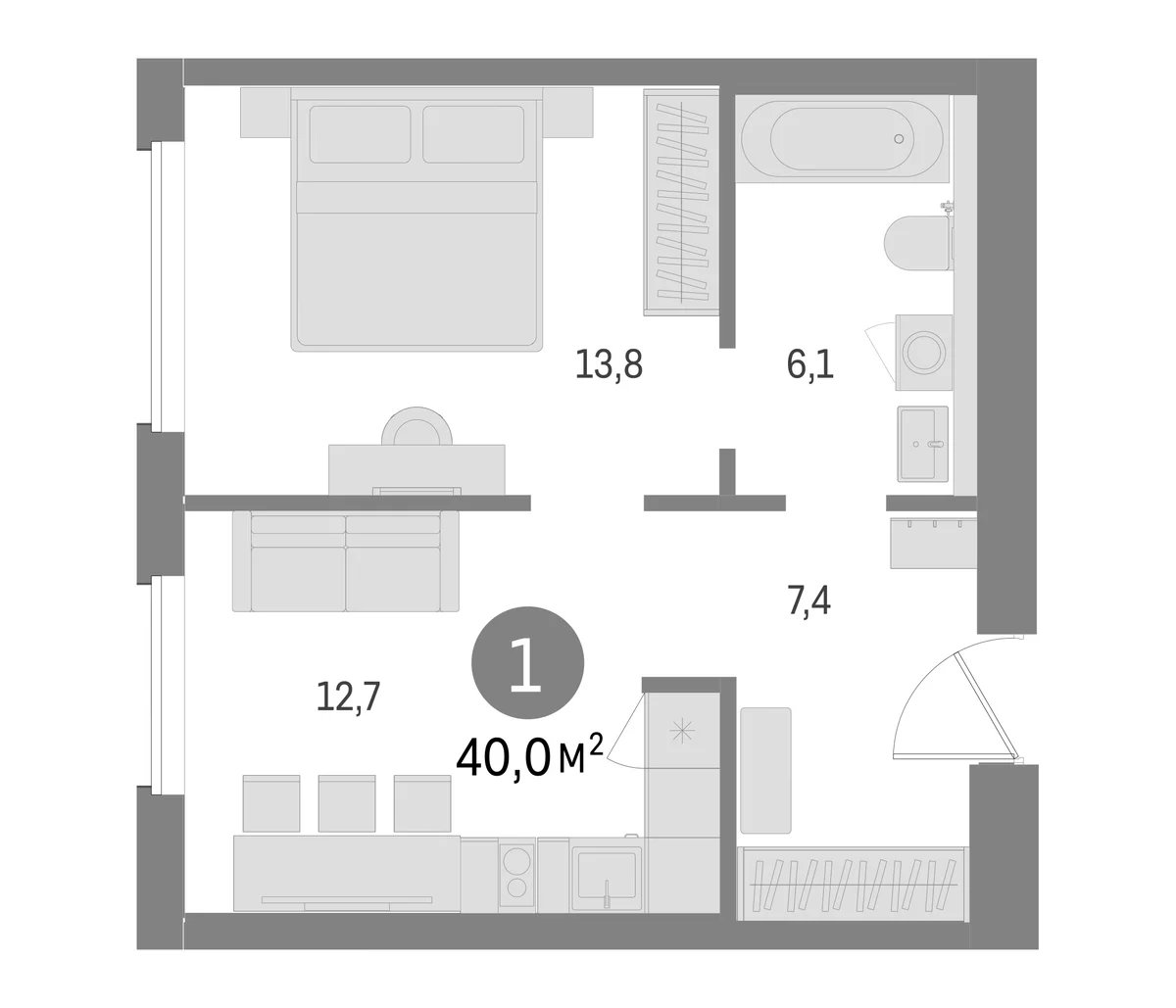 Планировка: 1-комнатная квартира 40 м² в ЖК «Северный ветер»