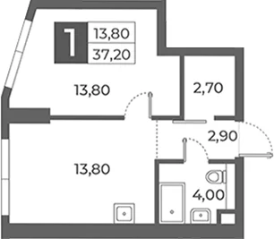 Планировка: 1-комнатная квартира 37,2 м² в ЖК «Даниловский от Гранель»