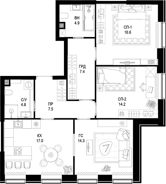 Планировка: 3-комнатная квартира 86,7 м² в ЖК Трилогия «Кристалл»