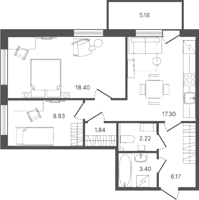 Планировка: 2-комнатная квартира 54,6 м² в ЖК «Рауни»