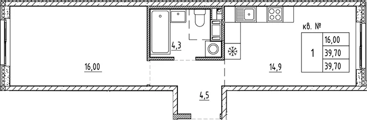 Планировка: 1-комнатная квартира 39,7 м² в ЖК «Плюс Пулковский»