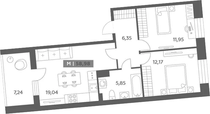 Планировка: Евротрёшка 55,4 м² в ЖК «Аквилон РекаПарк»