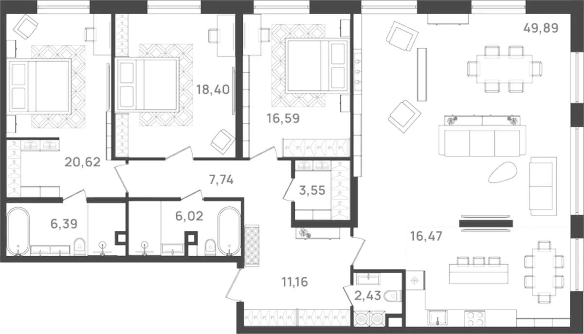 Планировка: 3-комнатная квартира 159,3 м² в ЖК «6 Квартал»