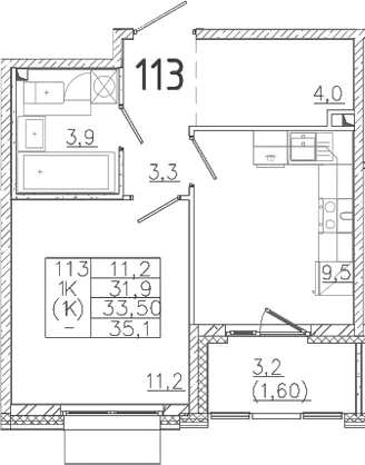 Планировка: 1-комнатная квартира 31,9 м² в ЖК «Лисино»